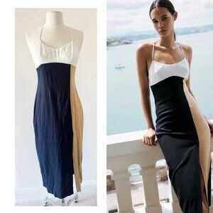 Zara Linen Blend Halter Neck Colorblock Summer Maxi Dress Size XS